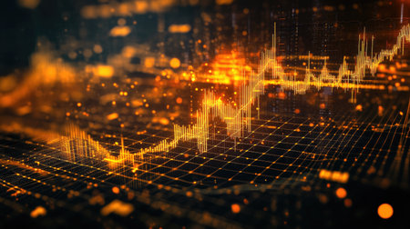 Dynamic abstract visualization of financial trends, featuring glowing orange lines on a dark background, representing stock market movements and data analysis in a modern financial context.の素材