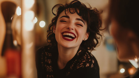 A joyful young woman with curly hair smiles brightly in front of a mirror, surrounded by soft warm lights, capturing a moment filled with happiness and self-acceptance.の素材
