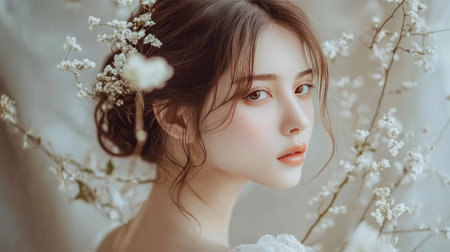 A captivating portrait of a young woman surrounded by white flowers, showcasing her natural beauty and soft makeup, emanating a peaceful and dreamy vibe.の素材