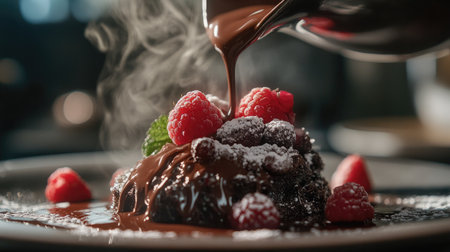 A rich and indulgent chocolate cake adorned with fresh raspberries and a mint leaf, topped with hot chocolate sauce, creating a mouthwatering dessert experience.の素材