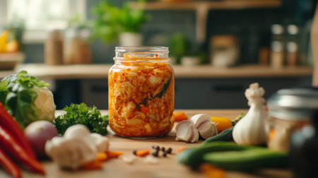 This image features a clear jar filled with colorful fermented vegetables, showcasing healthy ingredients on a rustic kitchen table. Perfect for food lovers.の素材