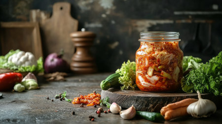 A vibrant jar of freshly made kimchi sits on a rustic table, surrounded by fresh vegetables and spices, ideal for culinary inspiration and healthy cooking.の素材