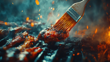 A close-up of a brush applying sauce to sizzling chicken on a grill, surrounded by smoke and flames. Perfect for summer cooking and barbecue themes.の素材
