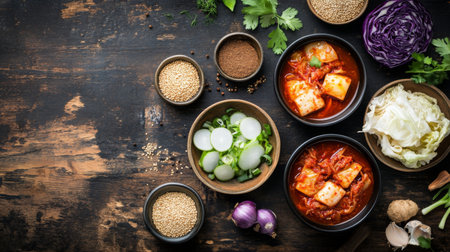 A vibrant display of colorful Korean cuisine featuring fresh ingredients such as tofu, vegetables, and aromatic herbs arranged artfully on a rustic wooden table.の素材