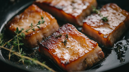 Indulge in the savory delight of perfectly cooked crispy pork belly slices pan-seared to a golden brown, enhanced with sprigs of fresh thyme for an aromatic touch.の素材