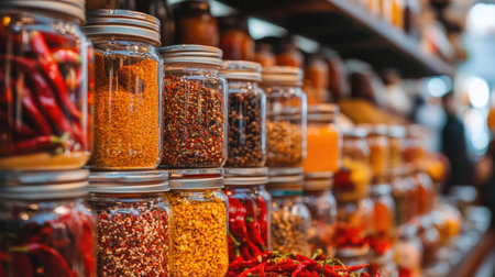 This image showcases a vibrant arrangement of spices and herbs in glass jars on a wooden shelf, highlighting natural colors and textures that add warmth and charm to any culinary space.の素材
