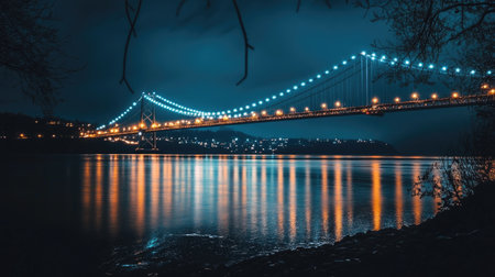 A breathtaking night shot of a bridge illuminated by stunning blue and orange lights, beautifully reflected on the serene water, surrounded by an enchanting urban landscape.の素材