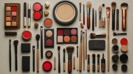 A stylish flat lay of diverse makeup products showcases brushes, lipsticks, and palettes, highlighting artistry and creativity in beauty routines for enthusiasts.の素材