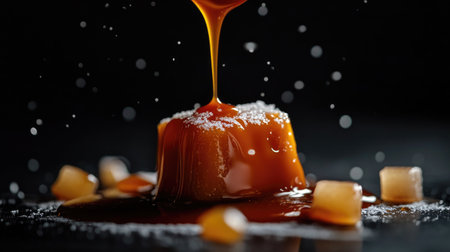 A beautifully crafted dessert featuring a rich caramel drizzle, surrounded by sugar crystals and fruit cubes, creates an enticing culinary experience against a dark backdrop.の素材