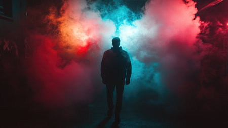 A captivating silhouette walks through vibrant smoke in an urban setting, showcasing an atmosphere of mystery and creativity enhanced by dramatic lighting effects.の素材