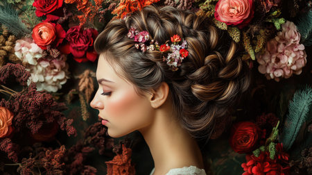 This enchanting portrait captures a woman's serene profile set against a backdrop of rich, colorful flowers. Her intricate braided hairstyle beautifully complements the vibrant arrangement.の素材