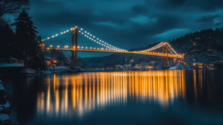 A stunning night scene featuring a brightly illuminated bridge over calm waters, surrounded by a winter landscape and dramatic clouds, offering a serene view.の素材
