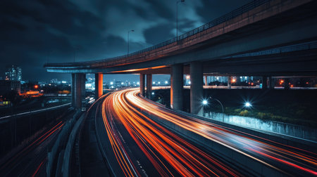 A vibrant urban scene capturing an overpass at night with light trails from vehicles showcasing dynamic movement against a backdrop of glowing city lights and dramatic skies.の素材