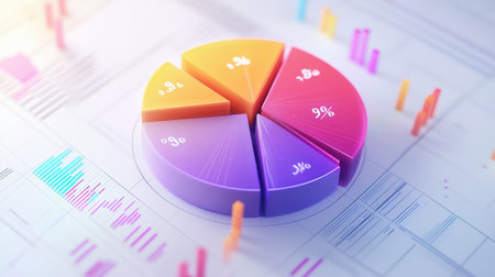 This vibrant and modern 3D pie chart illustrates data analysis with clear percentages, perfect for business presentations, reports, and marketing insights.の素材