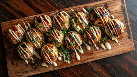 A stunning presentation of grilled chicken bites drizzled with sauce on a wooden platter, garnished with fresh green herbs, perfect for any meal or gathering.の素材