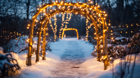 A serene winter pathway adorned with twinkling fairy lights creates a magical atmosphere within a snowy landscape, inviting a peaceful stroll.の素材