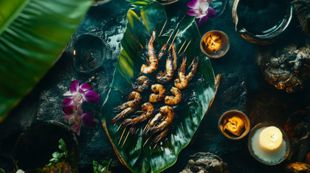 A stunning arrangement of grilled shrimp skewers on a large green leaf, surrounded by tropical decorations and soft candlelight, perfect for a festive meal.の素材