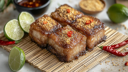 Savor the vibrant flavors of grilled pork belly, beautifully garnished with chili, lime slices, and aromatic spices, perfect for food enthusiasts.の素材