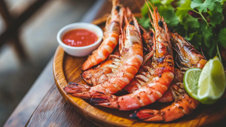 This vibrant image showcases grilled shrimp garnished with fresh herbs and lime, served on a wooden platter alongside a sauce. Perfect for food lovers!の素材