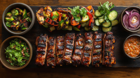 A sumptuous platter featuring grilled BBQ ribs paired with colorful vegetables, fresh salads, and vibrant herbs, perfect for a festive gathering or meal.の素材