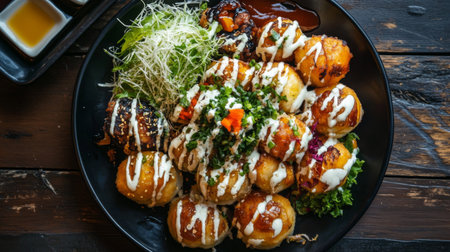 This image showcases a plate of Japanese takoyaki balls drizzled with creamy sauce, accompanied by fresh vegetables and garnishes, perfect for food lovers.の素材
