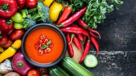 A vibrant bowl of spicy red soup sits at the center, surrounded by fresh vegetables and chilies. Ideal for cooking and food preparation themes.の素材