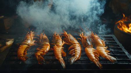 A delightful scene of shrimp grilling over a charcoal fire, releasing smoke and showcasing vibrant colors. Perfect for food enthusiasts and culinary projects.の素材