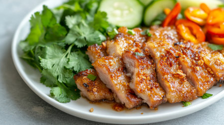 A beautifully arranged plate featuring grilled chicken accompanied by fresh vegetables and aromatic herbs, showcasing vibrant colors and enticing presentation.の素材