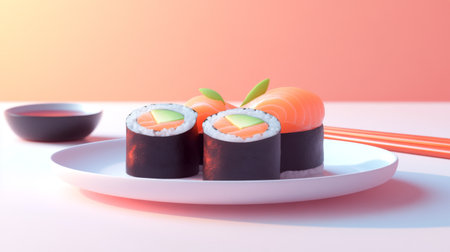 Delight in the vibrant presentation of sushi rolls garnished with salmon and avocado. This visually appealing dish embodies the essence of Japanese cuisine, perfect for food lovers.の素材