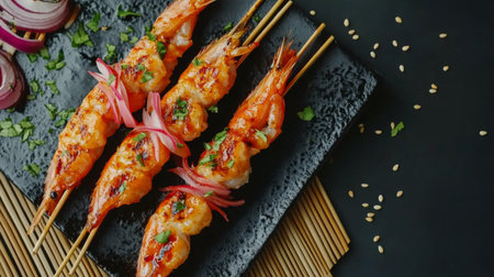 Delight in these vibrant grilled shrimp skewers garnished with fresh onions and herbs. Perfect for summer gatherings, this dish showcases culinary craftsmanship.の素材