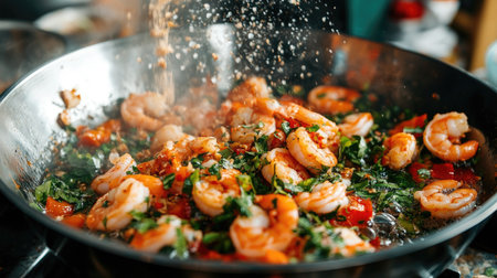 Captivating scene of shrimp being cooked in a pan, mixed with fresh vegetables and herbs, showcasing vibrant colors and enticing aromas for a delicious meal experience.の素材