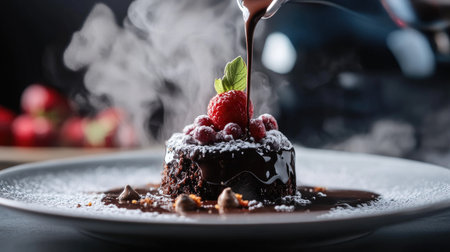 A beautifully plated chocolate lava cake drizzled with rich chocolate sauce, garnished with fresh raspberries and mint, creating an enticing dessert experience.の素材