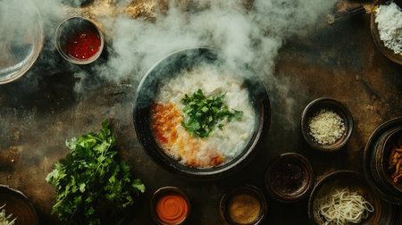 A freshly prepared bowl of soup emits steam, surrounded by various ingredients and condiments on a rustic wooden table, creating an inviting culinary atmosphere.の素材