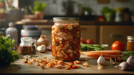 This image showcases a vibrant jar of homemade kimchi, filled with colorful ingredients like garlic, carrot, and pepper. Perfect for culinary inspiration!の素材