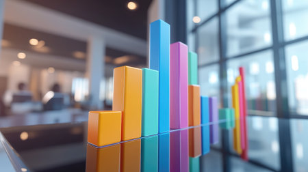 Vibrant 3D bar graph emphasizes business growth within a sleek office setting, illustrating data analysis and report trends with impressive reflections and colorful design.の素材