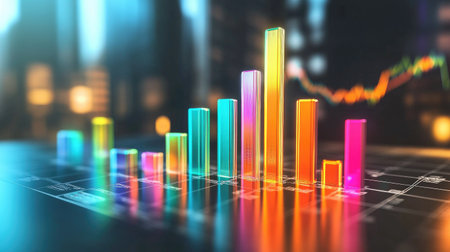 Vibrant neon bar graph illustrating data growth in a contemporary digital setting, showcasing performance metrics and trends for business analysis and strategy.の素材