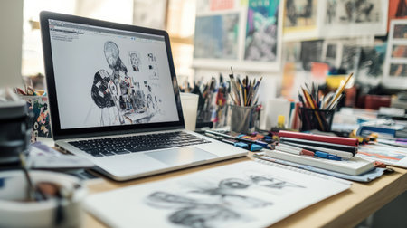 A vibrant creative workspace featuring a laptop with an artistic illustration, surrounded by various art supplies, pencils, and sketches, creating an inspiring atmosphere for artists.の素材