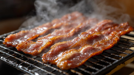 Sizzling bacon strips on a grill create an appetizing scene with steam rising in the air. Perfect for conveying delicious breakfast options or culinary delights.の素材