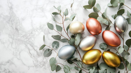 An artistic arrangement of metallic-painted Easter eggs on a sleek marble surface with sprigs of eucalyptus.の素材