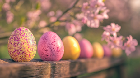 A row of vibrant Easter eggs placed along a wooden fence with blooming spring flowers in the background.の素材