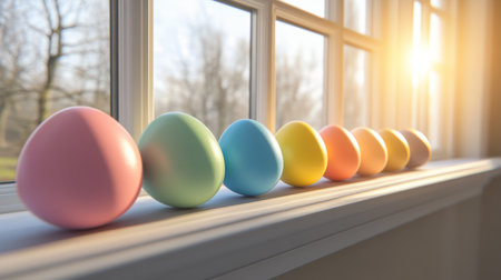 A row of Easter eggs balanced on the edge of a windowsill, each reflecting a soft spring glow.の素材