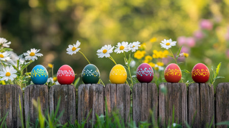 A row of vibrant Easter eggs placed along a wooden fence with blooming spring flowers in the background.の素材