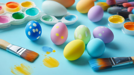 A creative DIY setup for Easter eggs, showcasing vibrant dyes, brushes, and half-finished designs.の素材