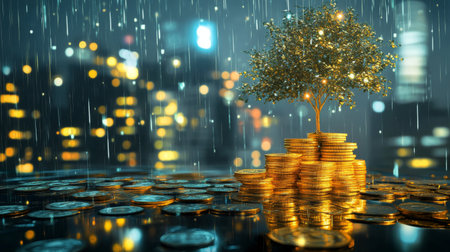 double exposure of golden coins stacks on table with tree growing on top and blur city night background, money and investment conceptの素材