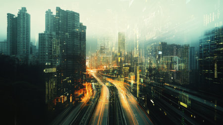 Economic crisis concept shown by declining graphs and digital indicators overlap modernistic city background. Double exposure.の素材