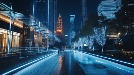 the light trails on the modern building background in shanghai china.の素材