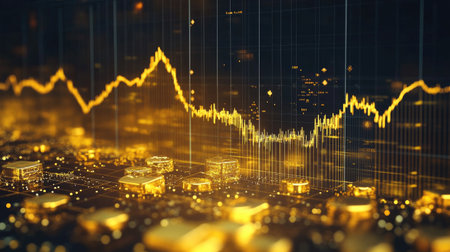A captivating digital visualization featuring golden cryptocurrency coins overlaid with graphical data, highlighting trends in the financial market, investment strategies, and trading dynamics.の素材