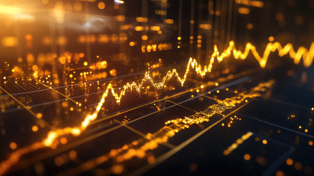 Stunning visualization of a financial growth graph with glowing golden lines, showcasing market trends and data fluctuations in a modern digital setting. Perfect for finance themes.の素材