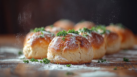 Enjoy a closeup view of freshly baked bread rolls sprinkled with parsley, arranged beautifully on a wooden board with flour, perfect for food enthusiasts and culinary use.の素材