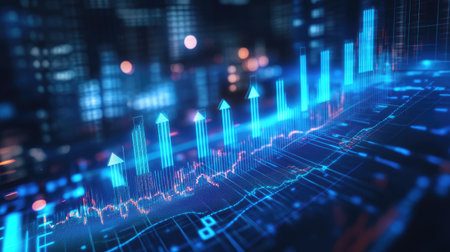 This image showcases an advanced data visualization with upward graphs and bright blue arrows, symbolizing growth and success in modern finance and technology against a shimmering cityscape.の素材